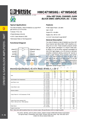 HMC471MS8GE datasheet - SiGe HBT DUAL CHANNEL GAIN BLOCK MMIC AMPLIFIER, DC - 5 GHz