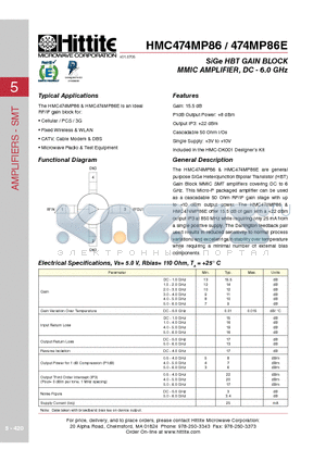 HMC474MP86 datasheet - SiGe HBT GAIN BLOCK MMIC AMPLIFIER, DC - 6.0 GHz