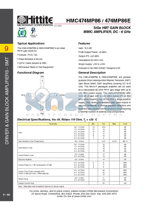 HMC474MP86 datasheet - SiGe HBT GAIN BLOCK MMIC AMPLIFIER, DC - 6 GHz