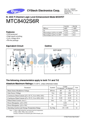 MTC8402S6R datasheet - N- AND P-Channel Logic Level Enhancement Mode MOSFET