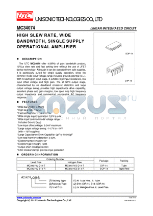 MC34074G-S14-R datasheet - HIGH SLEW RATE, WIDE BANDWIDTH, SINGLE SUPPLY OPERATIONAL AMPLIFIER