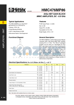 HMC476MP86 datasheet - SiGe HBT GAIN BLOCK MMIC AMPLIFIER, DC - 6.0 GHz