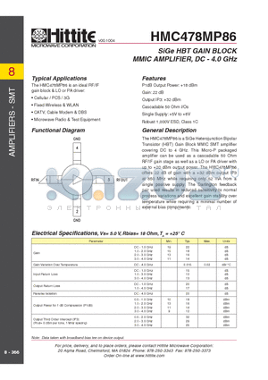HMC478MP86 datasheet - SiGe HBT GAIN BLOCK MMIC AMPLIFIER, DC - 4.0 GHz