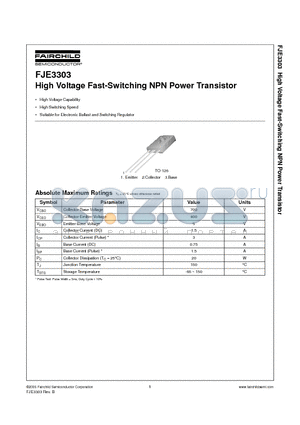 FJE3303H2 datasheet - High Voltage Switch Mode Applications