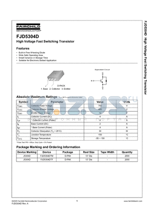 FJD5304D datasheet - High Voltage Fast Switching Transistor