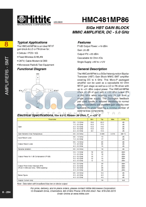 HMC481MP86 datasheet - SiGe HBT GAIN BLOCK MMIC AMPLIFIER, DC - 5.0 GHz