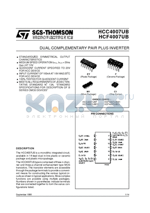 HCF4007UBC1 datasheet - DUAL COMPLEMENTARY PAIR PLUS INVERTER