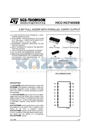 HCF4008BC1 datasheet - 4-BIT FULL ADDER WITH PARALLEL CARRY OUTPUT