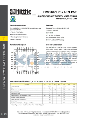 HMC487LP5 datasheet - SURFACE MOUNT PHEMT 2 WATT POWER AMPLIFIER, 9 - 12 GHz