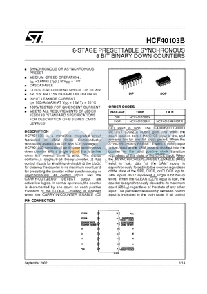 HCF40103B datasheet - 8-STAGE PRESETTABLE SYNCHRONOUS 8 BIT BINARY DOWN COUNTERS