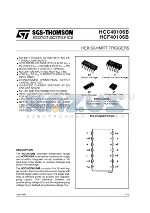 HCF40106B datasheet - HEX SCHMITT TRIGGERS