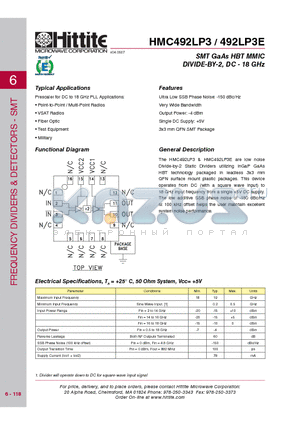 HMC492LP3E datasheet - SMT GaAs HBT MMIC DIVIDE-BY-2, DC - 18 GHz