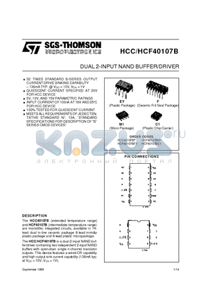 HCF40107BEY datasheet - DUAL 2-INPUT NAND BUFFER/DRIVER