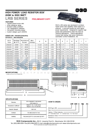 LRB2400X datasheet - HIGH POWER LOAD RESISTOR BOX 200W to 8000 WATT