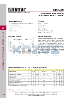HMC499 datasheet - GaAs PHEMT MMIC MEDIUM POWER AMPLIFIER, 21 - 32 GHz