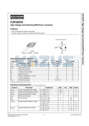 FJP3307D datasheet - High Voltage Fast Switching NPN Power Transistor