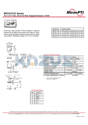 MTCO-11A3 datasheet - 13.1 x 11.7 mm, 3.0 or 5.0 Volt, Clipped Sinewave, TCXO
