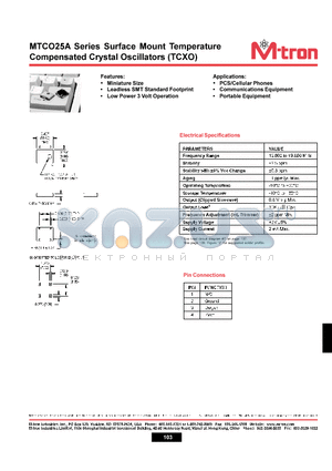 MTCO25A datasheet - Surface Mount Temperature Compensated Crystal Oscillators (TCXO)