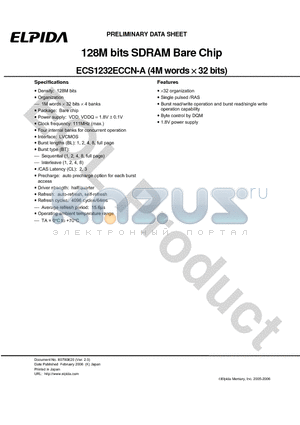 ECS1232ECCN-A datasheet - 128M bits SDRAM Bare Chip