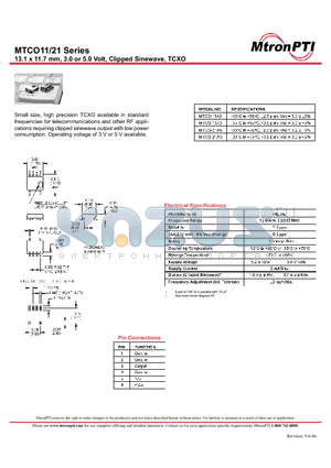 MTCO-21A5 datasheet - 13.1 x 11.7 mm, 3.0 or 5.0 Volt, Clipped Sinewave, TCXO