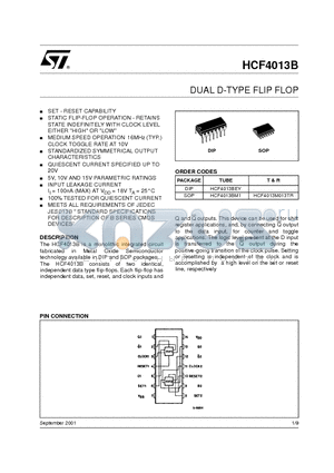 HCF4013B datasheet - DUAL D-TYPE FLIP FLOP
