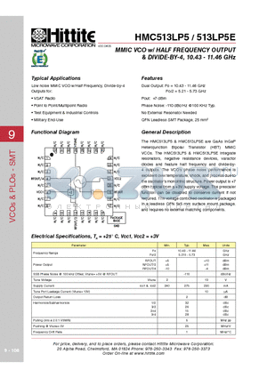 HMC513LP5 datasheet - MMIC VCO w/ HALF FREQUENCY OUTPUT & DIVIDE-BY-4, 10.43 - 11.46 GHz