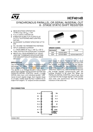 HCF4014BEY datasheet - SYNCHRONOUS PARALLEL OR SERIAL IN/SERIAL OUT 8 - STAGE STATIC SHIFT REGISTER