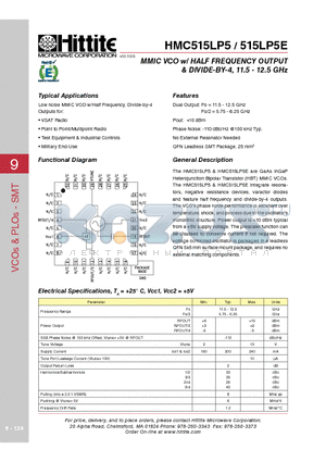HMC515LP5 datasheet - MMIC VCO w/ HALF FREQUENCY OUTPUT & DIVIDE-BY-4, 11.5 - 12.5 GHz