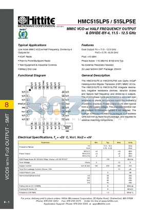 HMC515LP5_11 datasheet - MMIC VCO w/ HALF FREQUENCY OUTPUT & DIVIDE-BY-4, 11.5 - 12.5 GHz