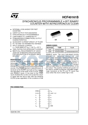 HCF40161B datasheet - SYNCHRONOUS PROGRAMMABLE 4-BIT BINARY COUNTER WITH ASYNCHRONOUS CLEAR