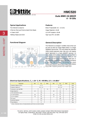 HMC520 datasheet - GaAs MMIC I/Q MIXER 6 - 10 GHz