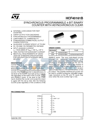 HCF40161M013TR datasheet - SYNCHRONOUS PROGRAMMABLE 4-BIT BINARY COUNTER WITH ASYNCHRONOUS CLEAR