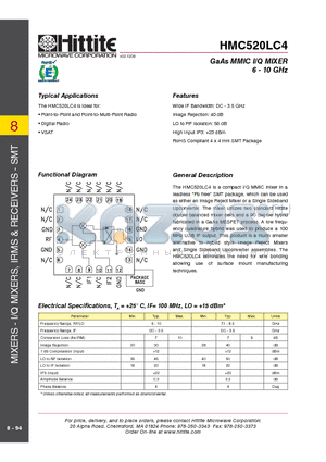 HMC520LC4 datasheet - GaAs MMIC I/Q MIXER 6 - 10 GHz