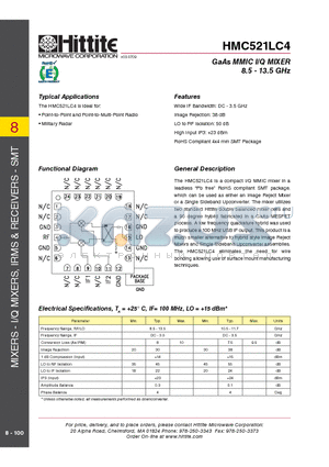 HMC521 datasheet - GaAs MMIC I/Q MIXER 8.5 - 13.5 GHz