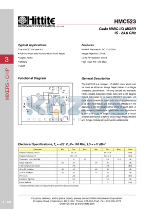 HMC523 datasheet - GaAs MMIC I/Q MIXER 15 - 23.6 GHz