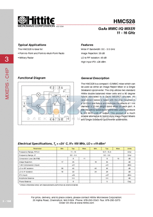 HMC528 datasheet - GaAs MMIC I/Q MIXER 11 - 16 GHz