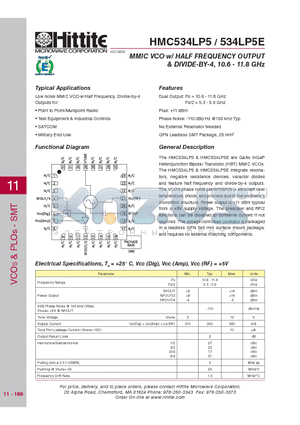 HMC534LP5 datasheet - MMIC VCO w/ HALF FREQUENCY OUTPUT & DIVIDE-BY-4, 10.6 - 11.8 GHz