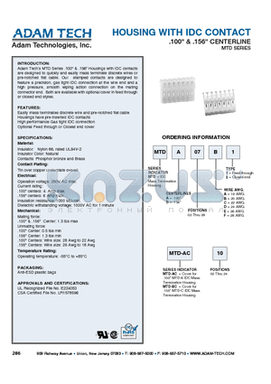 MTD-AC10 datasheet - HOUSING WITH IDC CONTACT .100 & .156 CENTERLINE