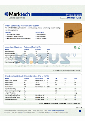 MTD1200M3B datasheet - The MTD1200M3B is a photo diode in a ceramic package. It is well suited for high reliability and high sensitivity applications.