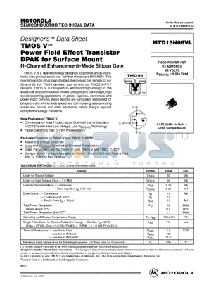 MTD15N06VL datasheet - TMOS POWER FET 15 AMPERES 60 VOLTS RDS(on) = 0.085 OHM