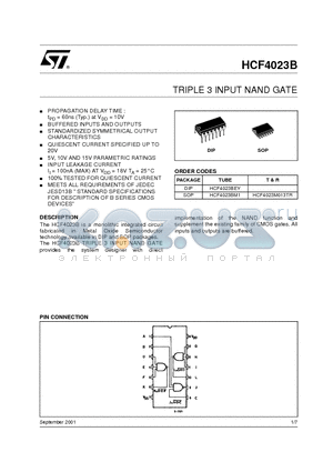 HCF4023B datasheet - TRIPLE 3 INPUT NAND GATE