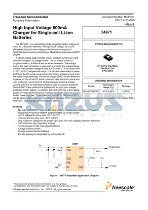 MC34671AEP/R2 datasheet - High Input Voltage 600mA Charger for Single-cell Li-Ion Batteries