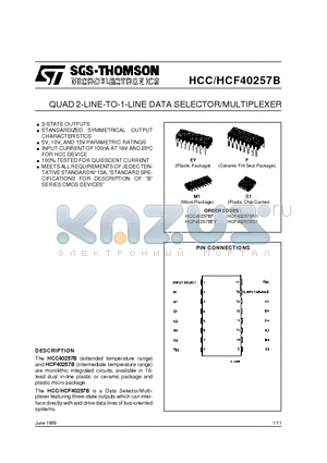 HCF40257BM1 datasheet - QUAD 2-LINE-TO-1-LINE DATA SELECTOR/MULTIPLEXER