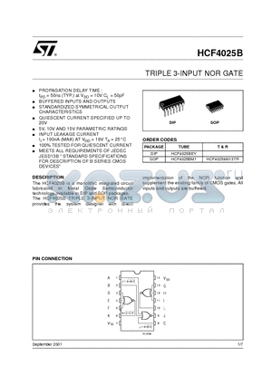 HCF4025M013TR datasheet - TRIPLE 3-INPUT NOR GATE