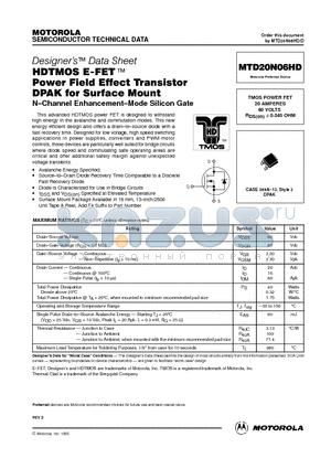 MTD20N06HD datasheet - TMOS POWER FET 20 AMPERES 60 VOLTS RDS(on) = 0.045 OHM