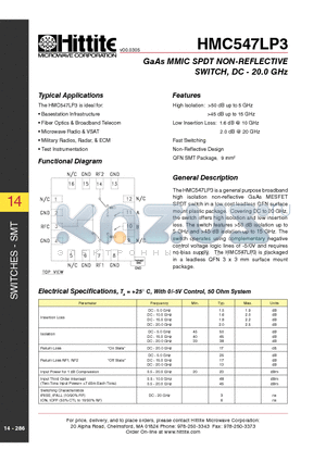 HMC547LP3 datasheet - GaAs MMIC SPDT NON-REFLECTIVE SWITCH, DC - 20.0 GHz