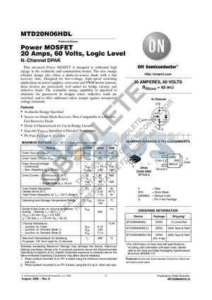 MTD20N06HDLT4 datasheet - Power MOSFET 20 Amps, 60 Volts, Logic Level N−Channel DPAK