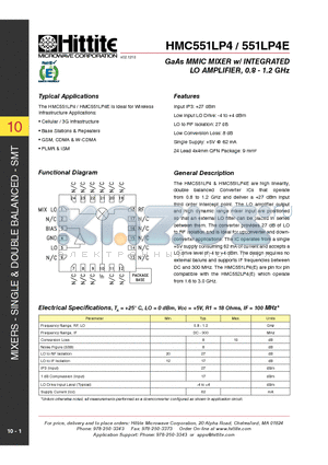 HMC551LP4E datasheet - GaAs MMIC MIXER w/ INTEGRATED LO AMPLIFIER, 0.8 - 1.2 GHz