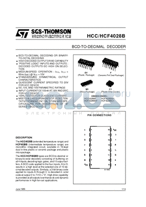 HCF4028BM1 datasheet - BCD-TO-DECIMAL DECODER
