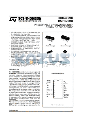 HCF4029BEY datasheet - BINARY OR BCD DECADE PRESETTABLE UP/DOWN COUNTER